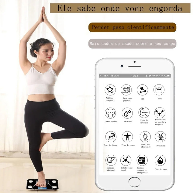 Balança Digital de Bioimpedância Premium com Bluetooth, Controle Completo da Sua Saúde com Análise Corporal Avançada e Medição de Gordura via App